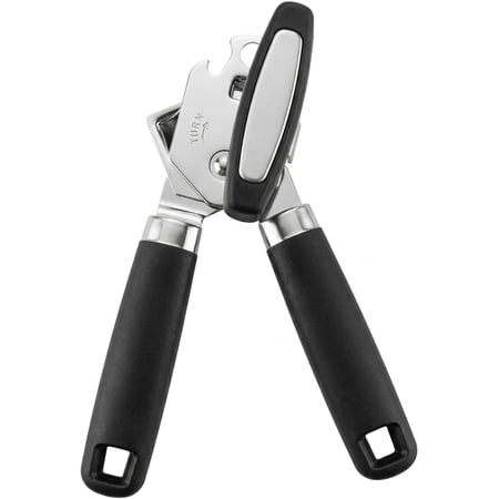 Heavy Duty Manual Can Opener Stainless Steel Black | 2-In-1 Can & Bottle Opener Smooth Edge Sharp Cutting Soft Oversized Handle Easy Clean Multifunctional Kitchen Tool
