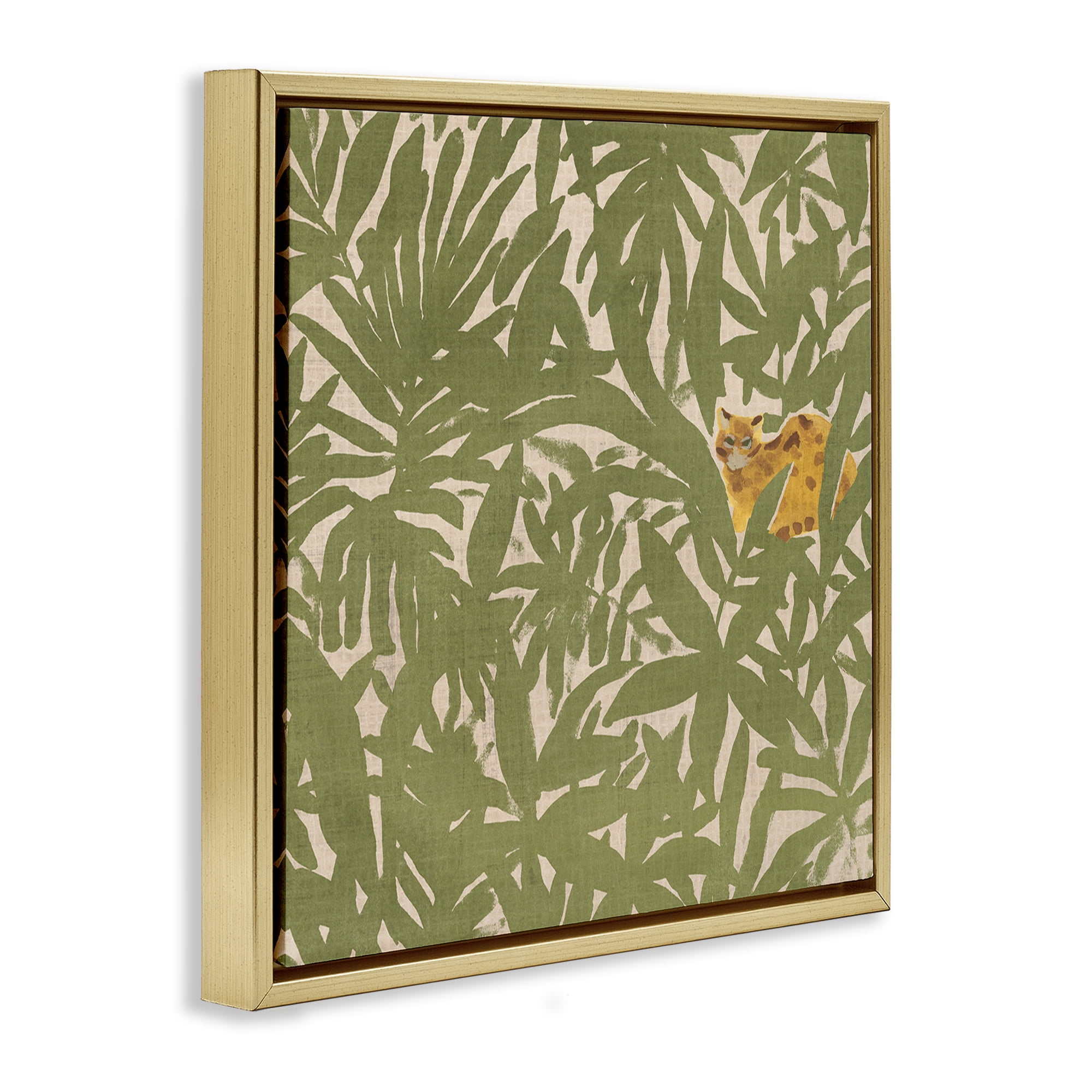 Stupell Industries Hiding Cheetah Palm Plants Botanical & Floral Painting Gold Floater Framed Canvas Art Print Wall Art, 25 x 25