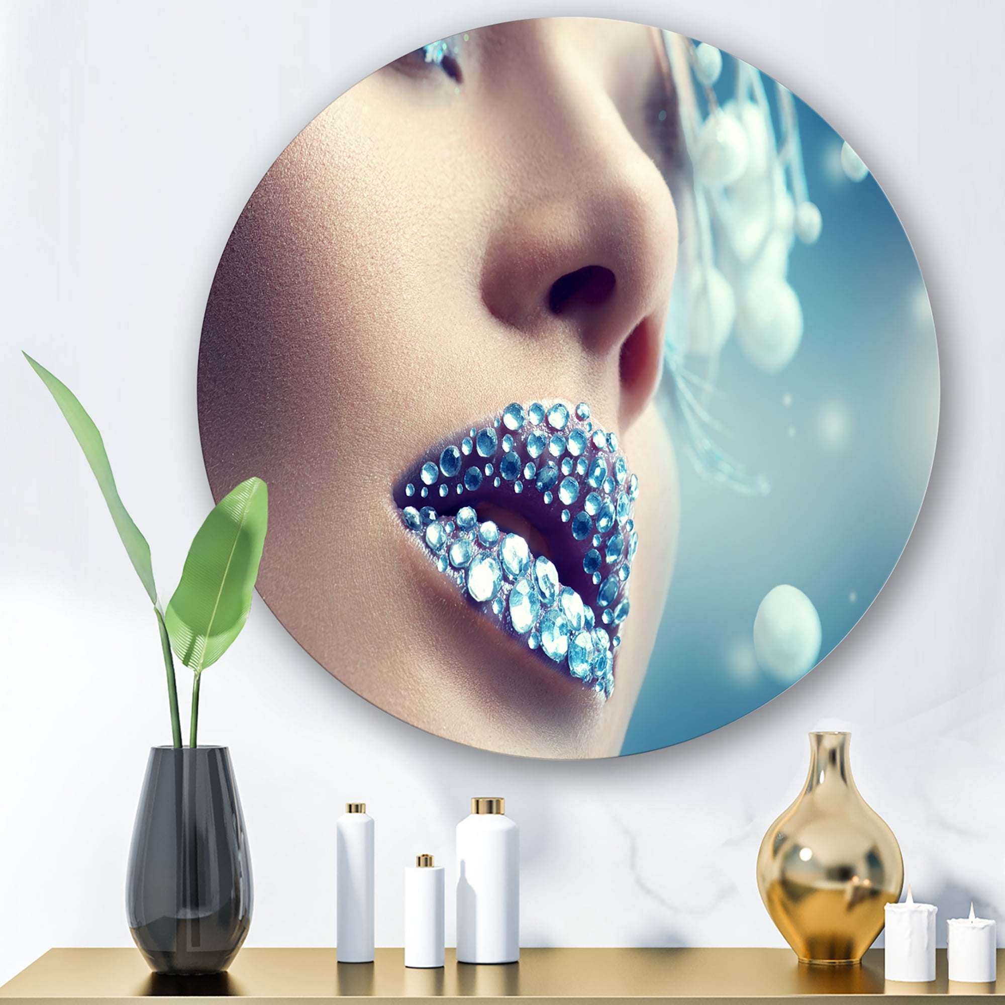 Designart 'Close-Up Of Gems On Female Lips' Modern Circle Metal Wall Art 23x23 - Disc of 23