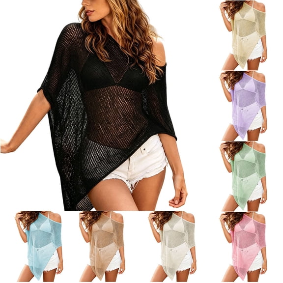 VBVC Women's Crochet Knit Mesh Beach Cover Up Poncho,Ladies' Lightweight Sheer Summer Tunic Top,Casual Loose Asymmetric Cardigan For Women,Beige,Free Size