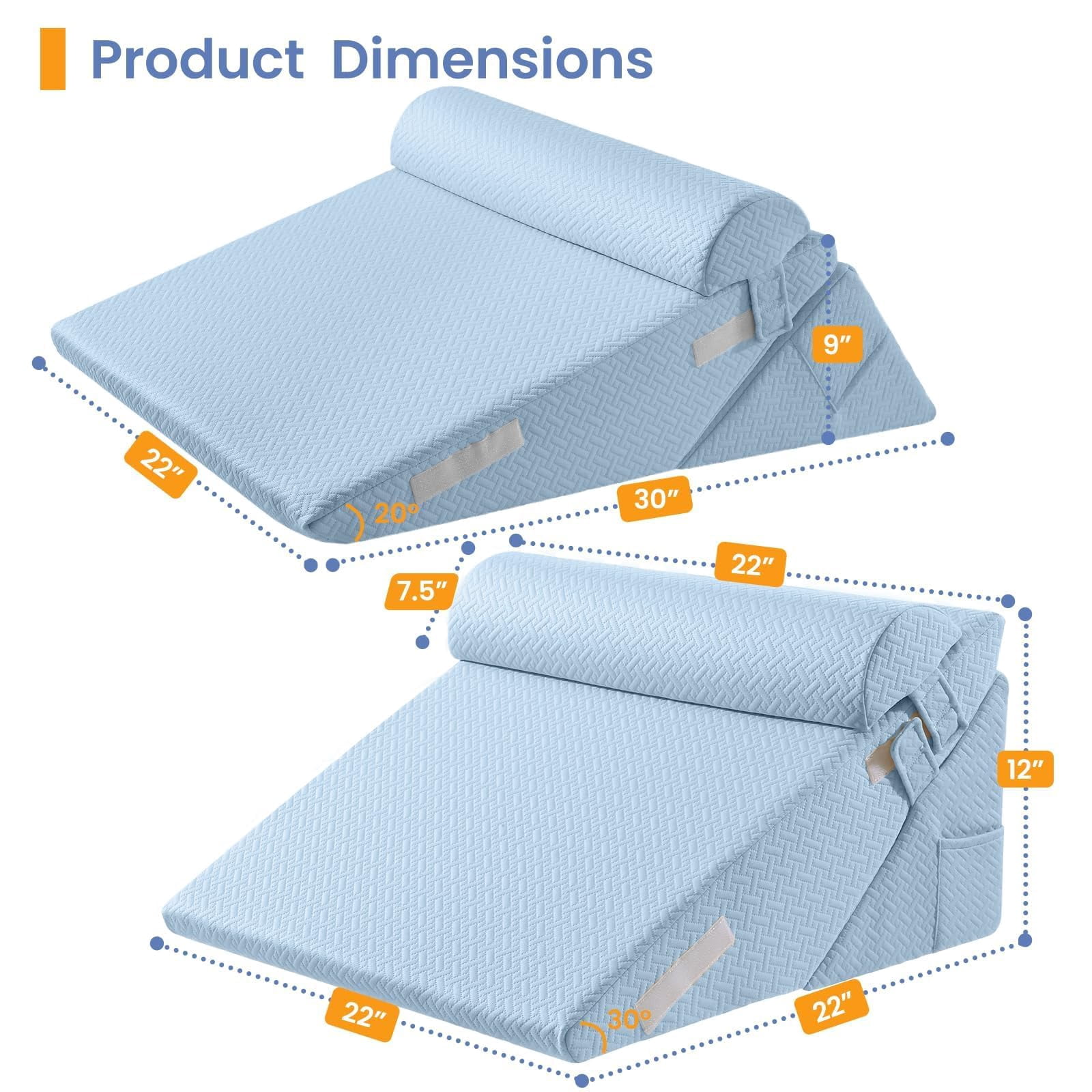 Wedge Pillow Set For After  2pcs Adjustable Bed Headboard With Memory Foam Neck Cushion - Acid Reflux Sleeping & Support Blue