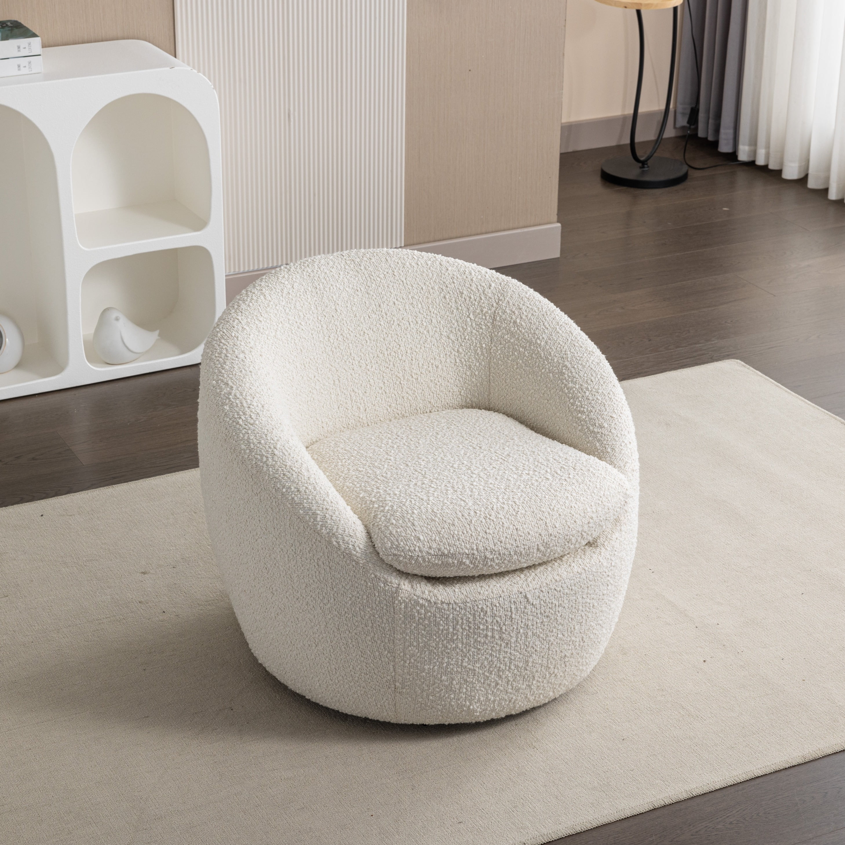 Roundhill Furniture Winnie Modern Teddy Boucle Fabric Barrel Chair, 360 Degree Swivel, White
