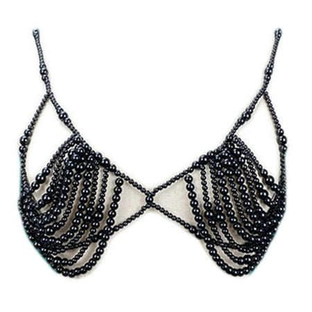 

Women Handmade Simulated Pearl Body Jewelry Bikini Bra Faux Crystal Beaded Chest Chain Necklace Adjustable Harness Retro Party Clubwear