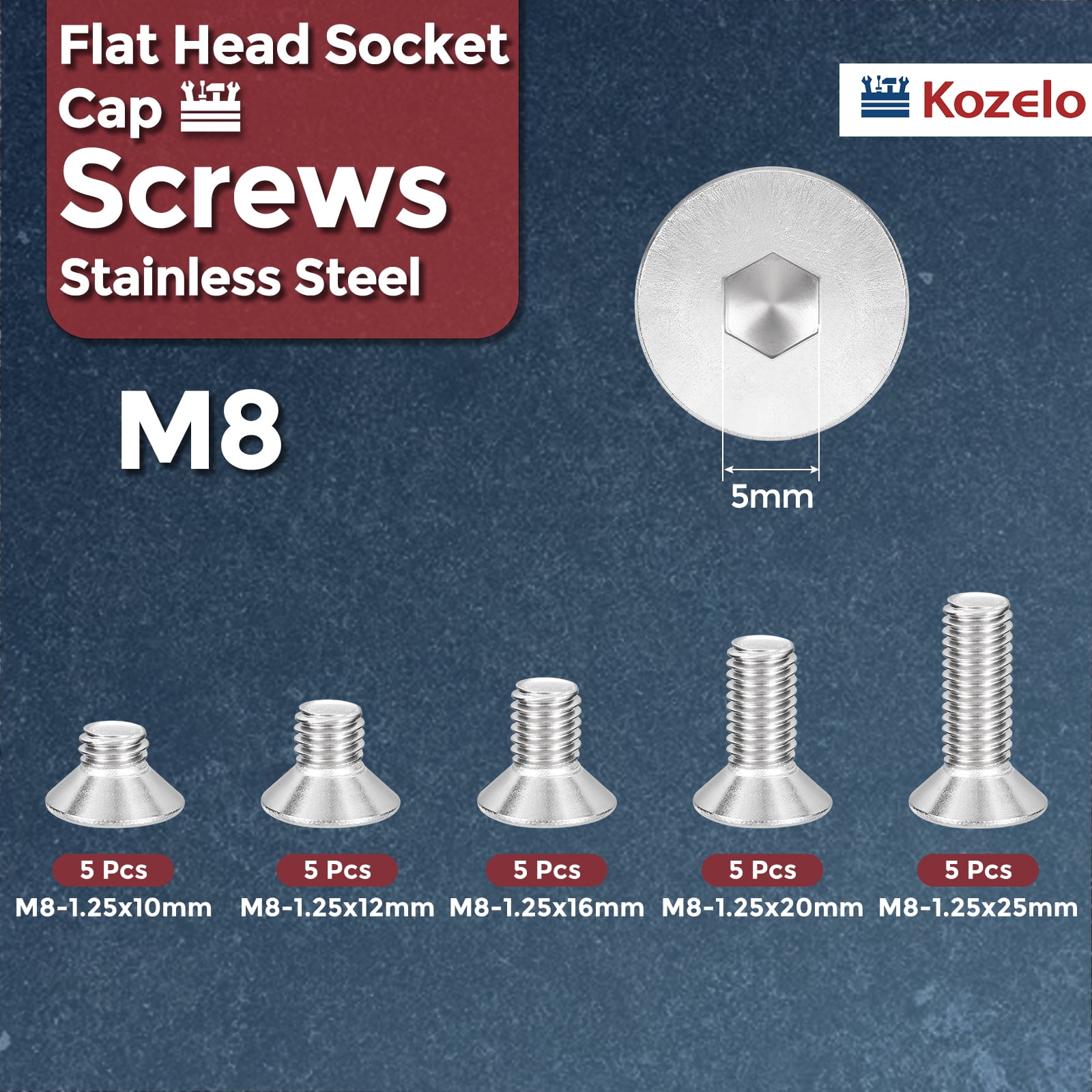 Uxcell 50Pcs Flat Socket Cap Screws - [M8x1.25x10/12/16/20/25], 304 Stainless Steel 18-8 Countersunk Bolt, Silver, for Automotive, Furniture Repair, Industrial Equipment Fixes