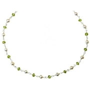 Sterling And Silvertone Peridot White Freshwater Cultured Pearl Necklace Beaded Chain Link (3.0-3.5mm), 18" Designed for Adult Women and Teen Girls