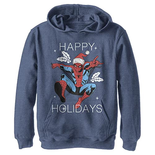 Spider-Man Happy Holidays Santa Hat Vintage Boys Hoodie, Navy Blue Heather, Medium