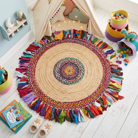 Harlow Hill Cora 3'6" Round Rainbow Striped Hand Braided Reversible Jute Indoor Area Rug