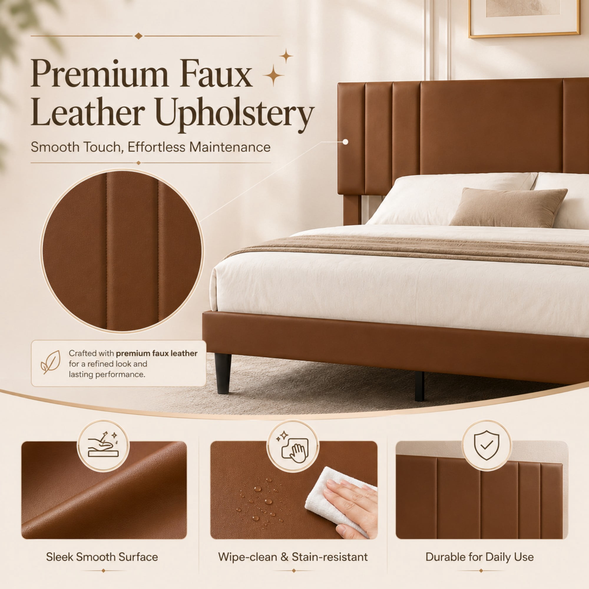 BSHTI Queen Size Faux Leather Upholstered Platform Bed Frame with Adjustable Headboard, Wood Slats, No Box Spring Needed for Bedroom（Brown）