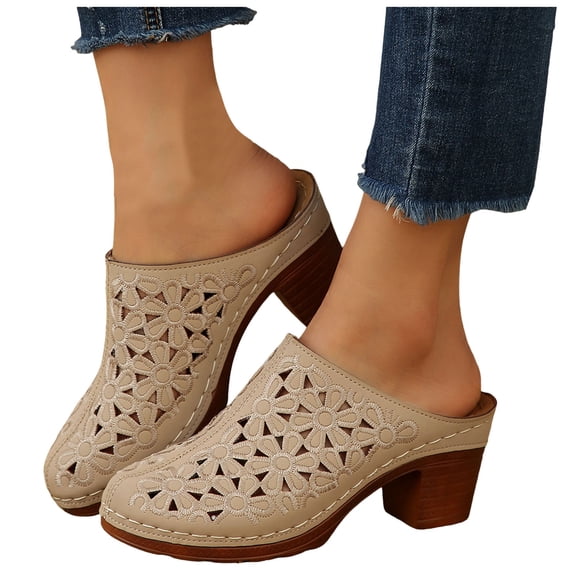 Rokment Womens Flower Embroideried Hollow out Clog Mules Dressy Sandals Fashion Casual Leather Closed Toe Platform Chunky High Heels Dress Slip on Slides for Women Beach Summer Beige Size 6.5