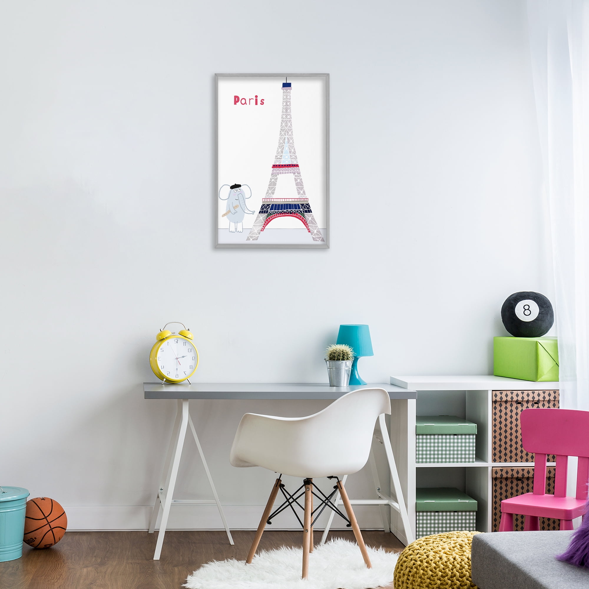Elephant & Eiffel Tower Gray Framed Giclee Art, design by Carla Daly
