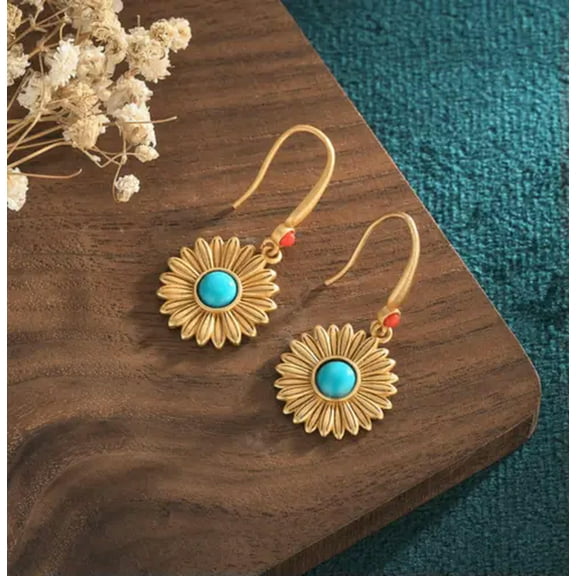 HOOUN Bohemian Turquoise Drop Dangle Earrings Sunflower Hook 18K Gold Plated Gemstone