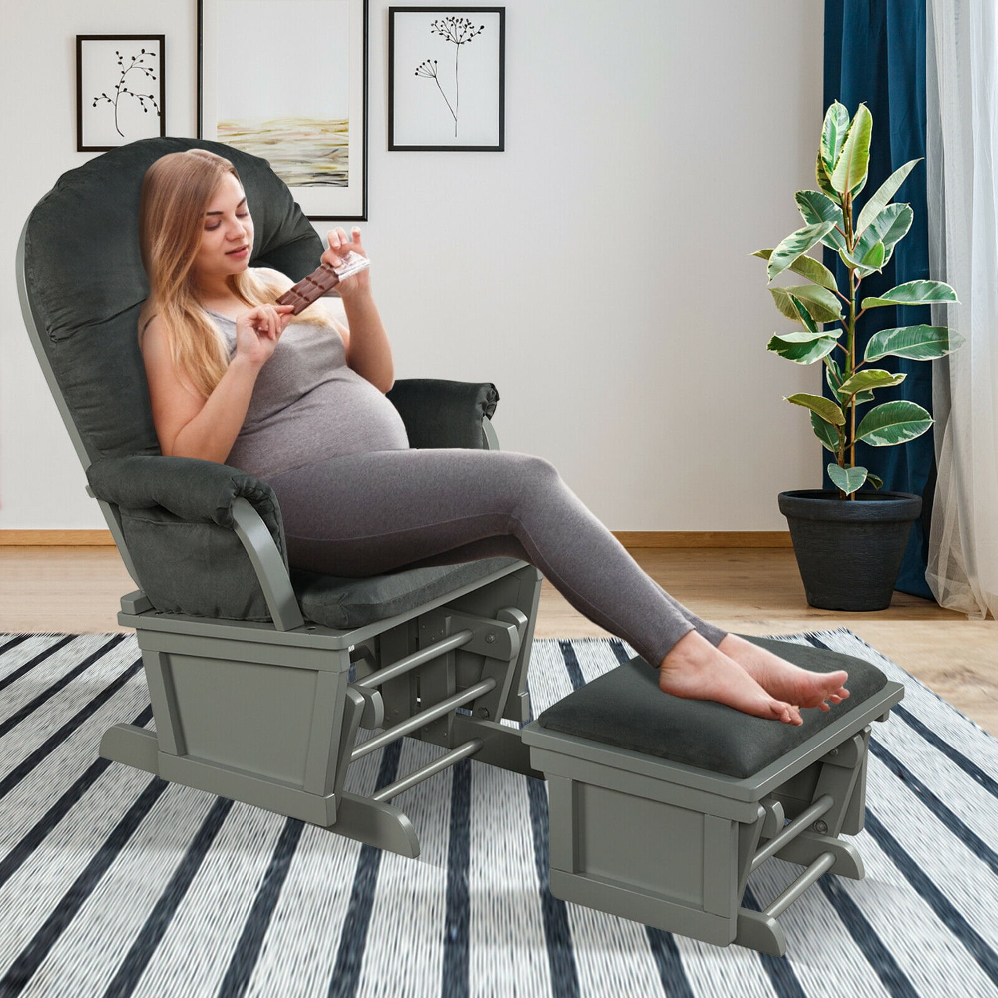Gymax Gilder Rocking Chair with Ottoman, Dark Grey