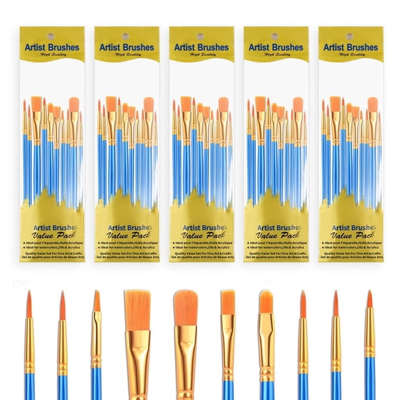 50Pcs Nylon Hair Paint Brushes, Acrylic Brush Set for Oil & Watercolor Art