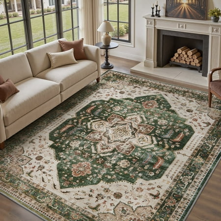 sixhome 9 x12 vintage distressed eastern classic area rug washable retro medallion carpet neutral oriental traditional rugs for living room bedroom kitchen dining room home decor green
