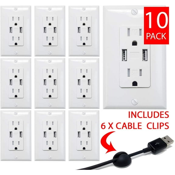 White 4.8A High Speed Dual USB Charger Outlet 15A Receptacle w/ Wall Plate, 15 Amp Tamper Resistant Fast Charging Electrical (10 Pack)