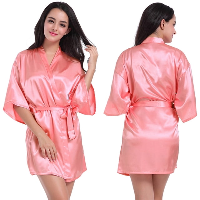 Fjuchai Women's Silk Satin Robes Silky Night-Robe Short Bathrobe Sleepwear Short Robe Solid Color Pjs S-XXL
