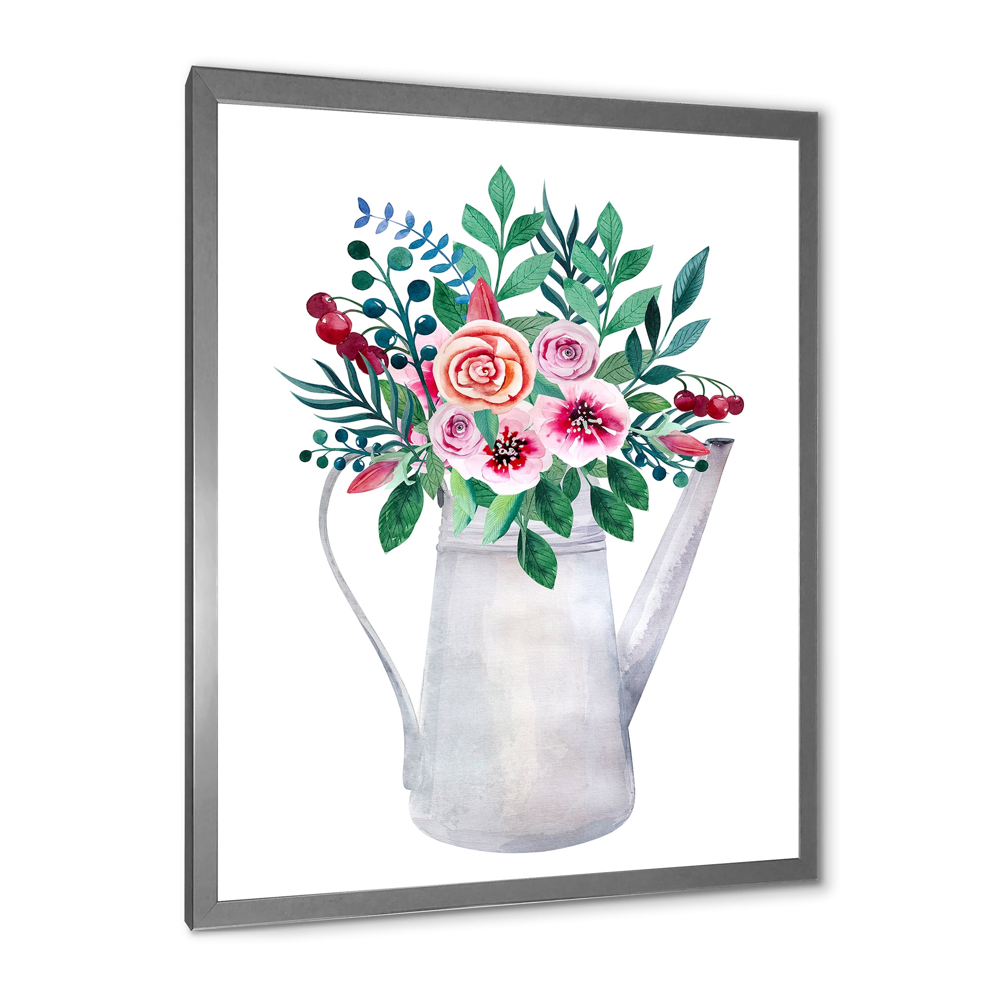 Bouquets of Flowers In Rustic Flowering Pot With Berries 30 in x 40 in Framed Painting Canvas Art Print, by Designart