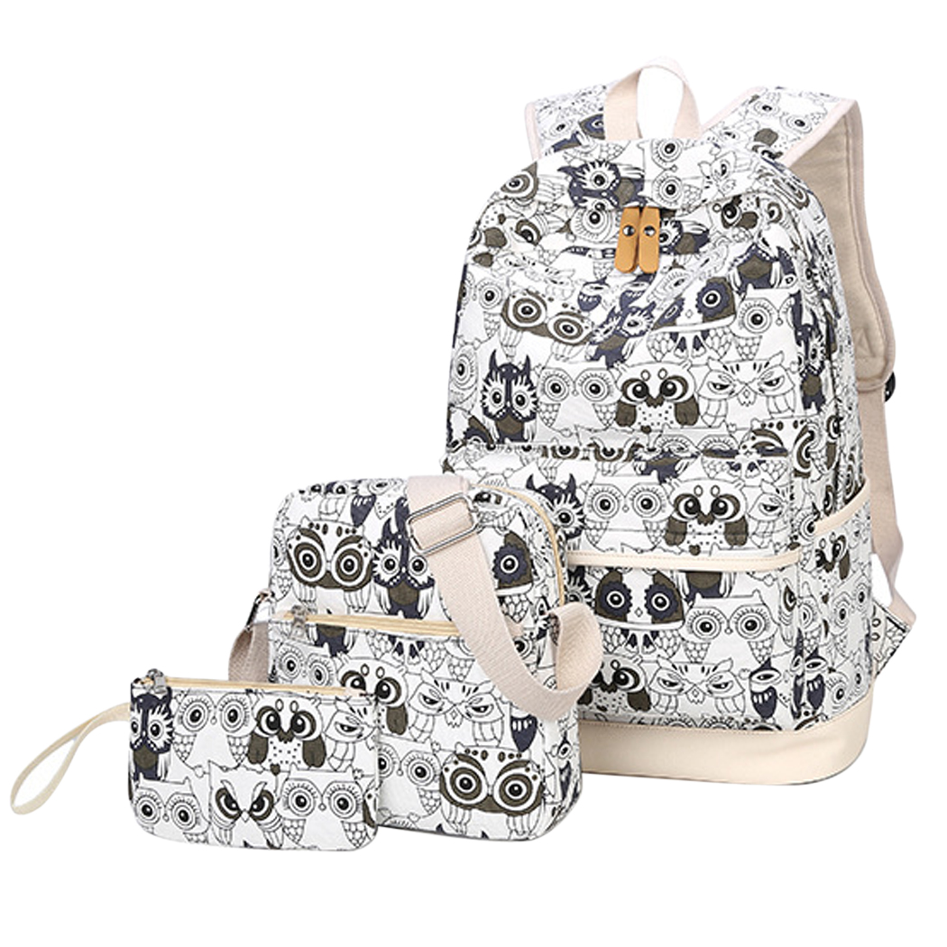3 Sets Casual Backpack,Coofit Canvas Owl Bag Travel Rucksack Scool Backpack Shoulder Bag Small Wallet for Women Girls... by Coofit