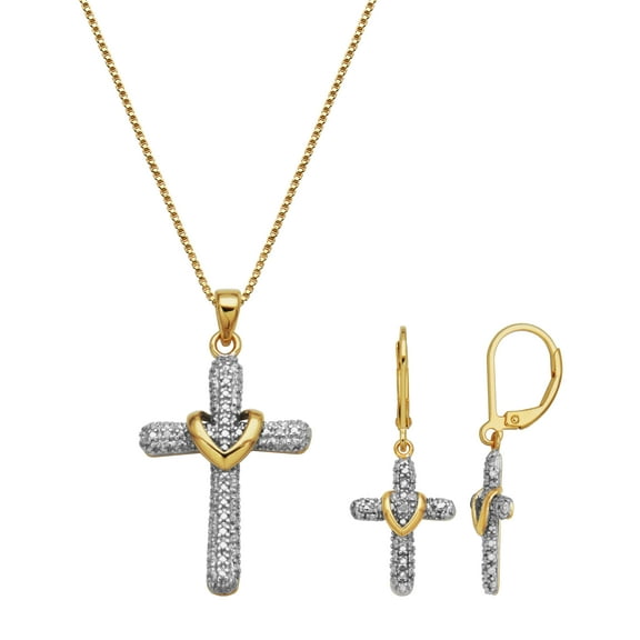 Forever Facets Diamond Accent Cross Earrings and Pendant Necklace Set in Gold over Sterling Silver, Adult Female