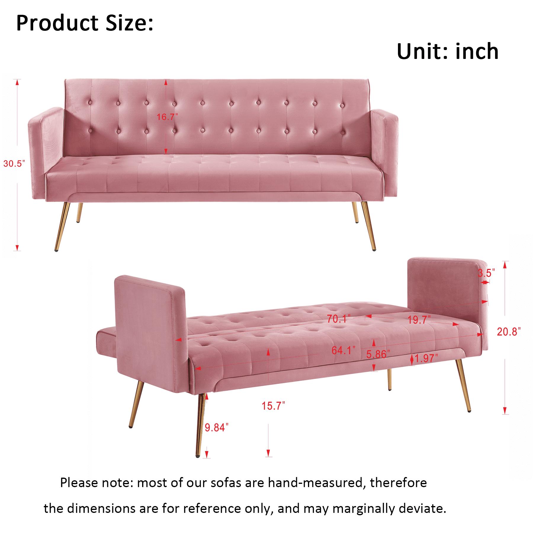 Bianlte Modern Velvet Futon Sofa Bed,Convertible Sleeper Sofa Couch with 3 Adjustable Couch Loveseat with Metal Leg for Living Room and Bedroom,Pink