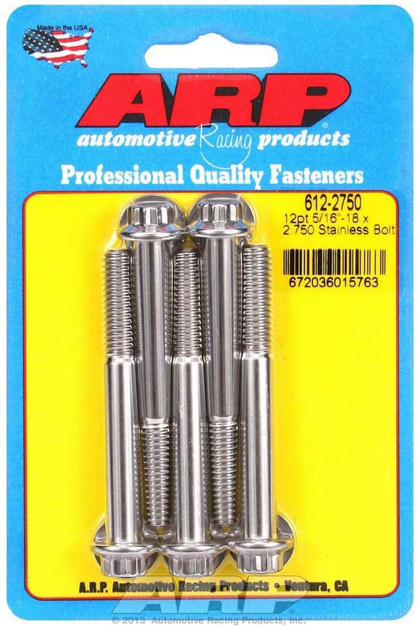 Set of 5 ARP 612-2750 Stainless Steel 5/16-18 RH Thread 2.750 UHL 12-Point Bolt with 3/8 Socket and Washer,