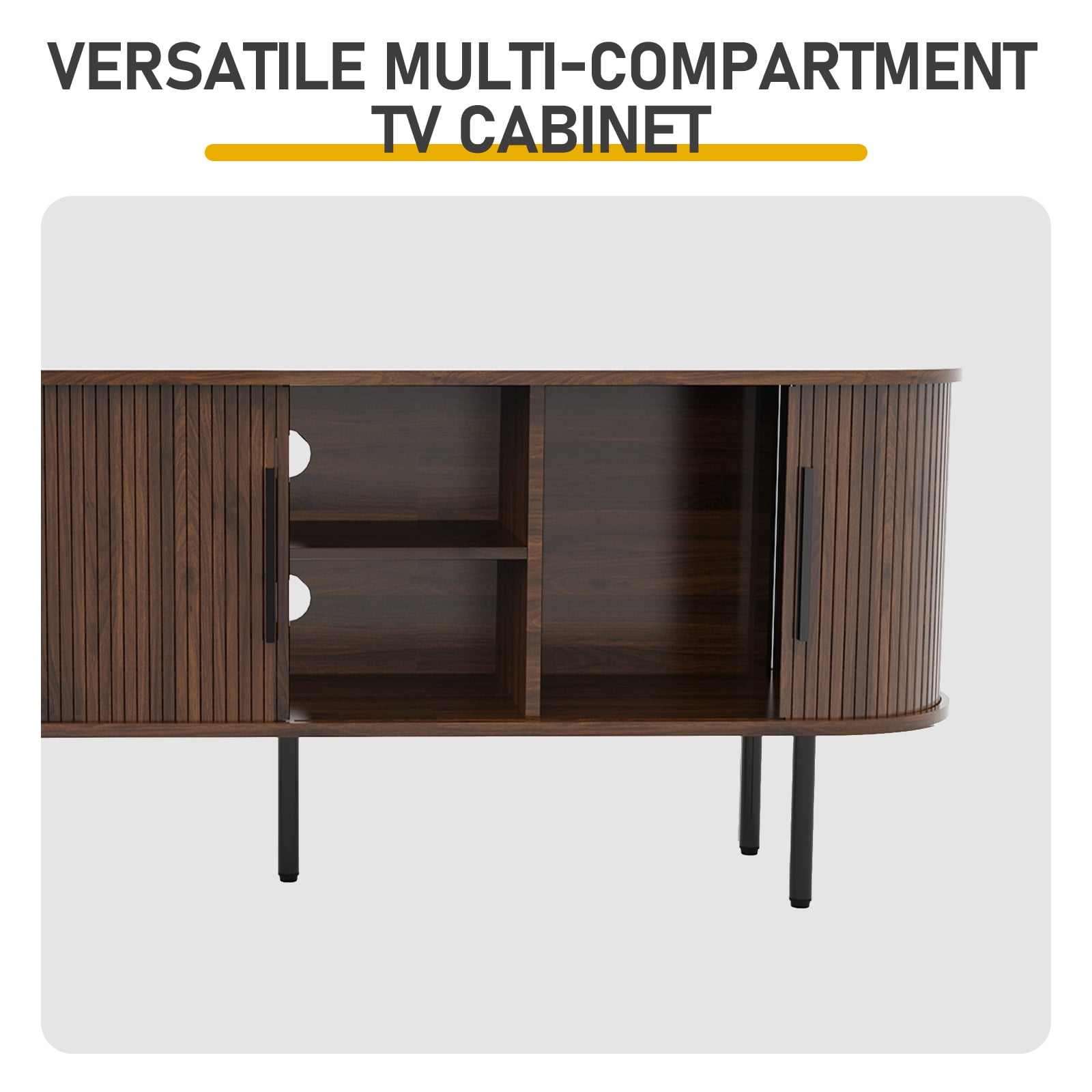 Embossed Particle Board TV Stand, Oval Tabletop 147x35x58cm, Modern Entertainment Center with Sliding Grid Doors, Media Console Cabinet for Living Room Bedroom, Walnut