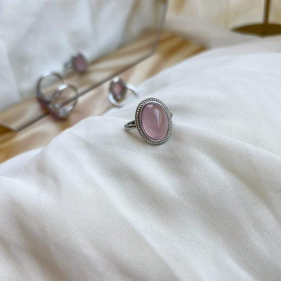 Boho Style Large Size Stone Ring, Oval Pink Crystal - Shanali Jewelry