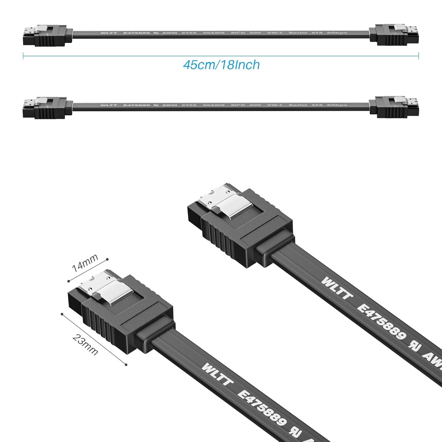 HRTGFD-SATA Cable III 18 Inch (6-Pack), 7-Pin Straight Angle Connector, 6Gbps SATA Data Cord with Locking Latch, Compatible with HDD, SDD, CD Driver, CD Writer, Black Cable