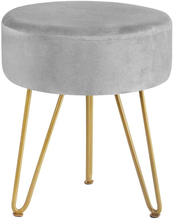 URBNLIVING Cushioned Velvet Footstool Foot Rest Chairs Make Up Dressing Table Seats Colourful Padded Soft Fabric Chairs with Golden Metal Legs Grey
