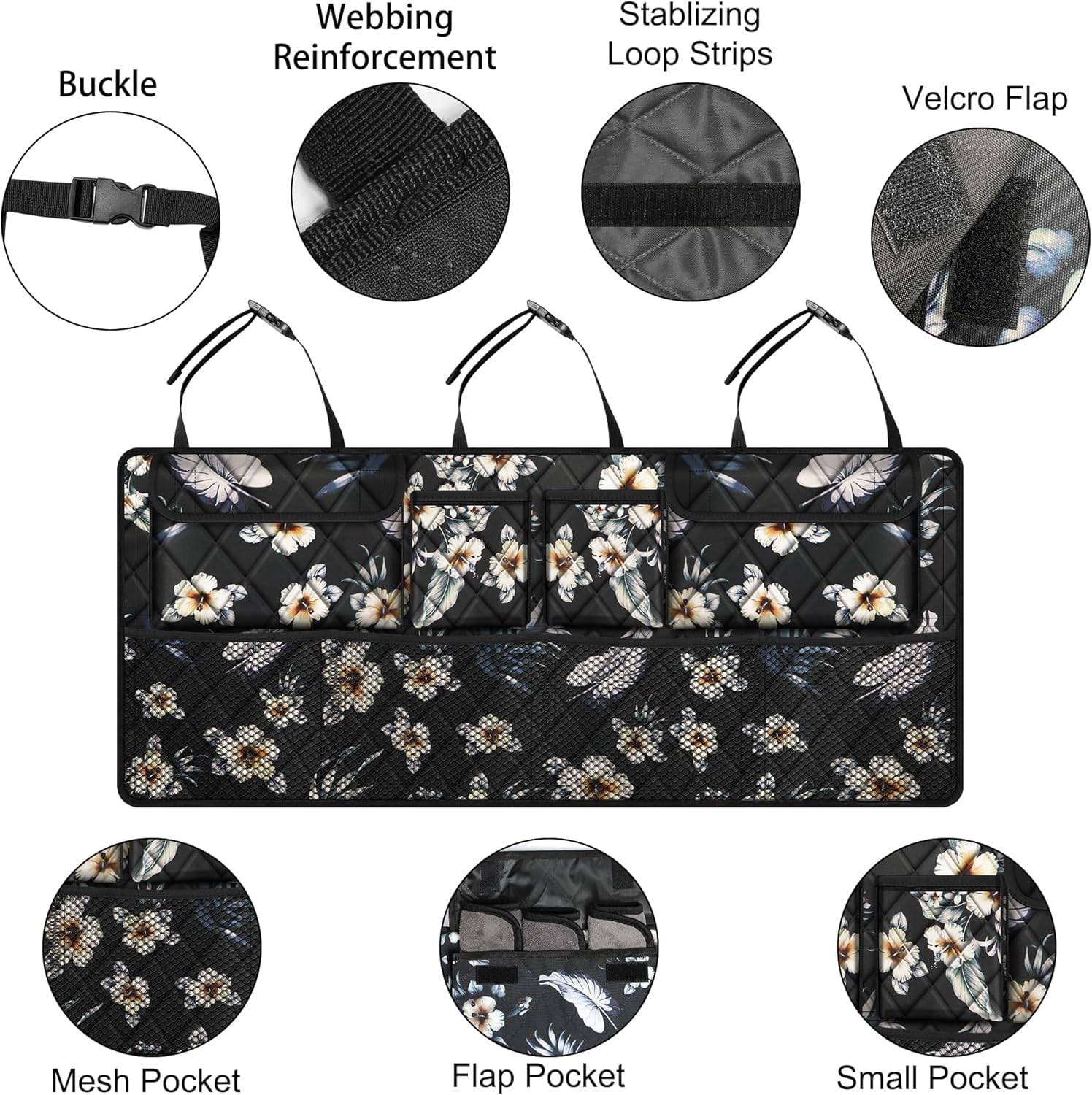 Car Trunk Organizer, Large Capacity Backseat Trunk Organizer (42"*18"), Collapsible Car Storage Bag with 8 Pockets - Hibiscus
