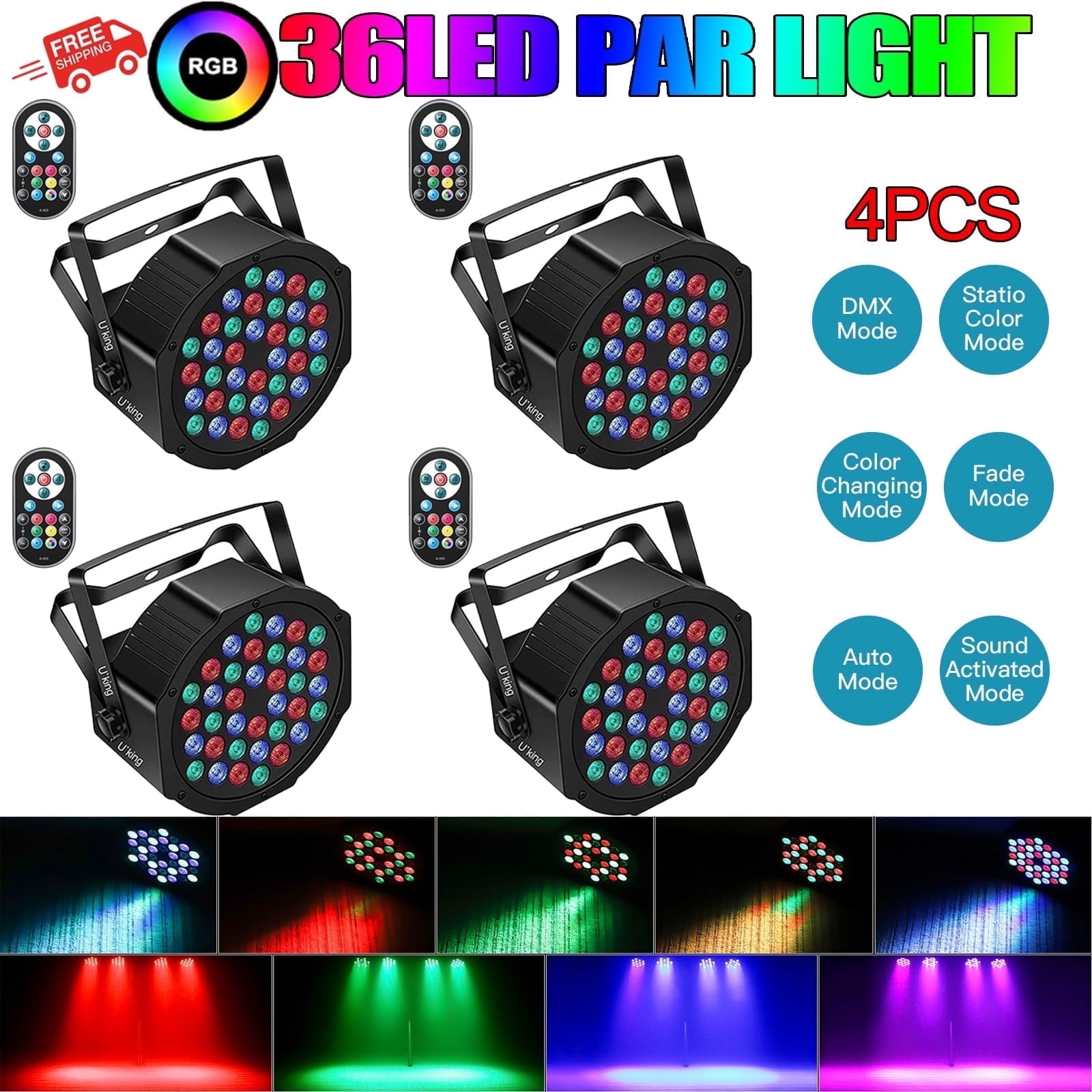 Stage Lights 36 LED Par Lights, RGB Uplights Stage Lighting Indoor for Christmas Halloween Music Party Disco Wedding, Remote Control, DMX Control Sound Activated Party Lights,4 Pack