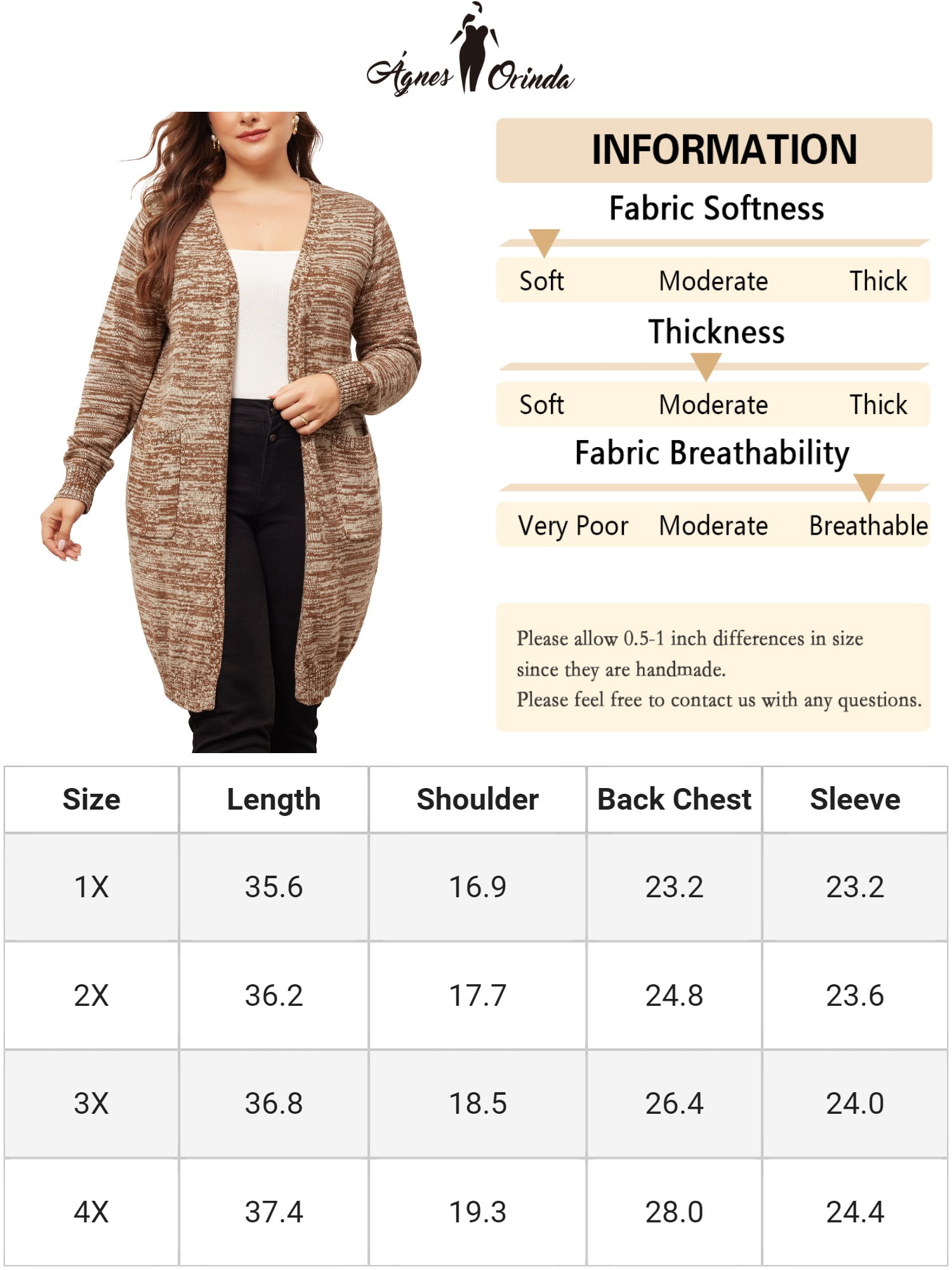 DARING DIVA Plus Size Contrast Color Open Front Long Sleeve Cardigan 4X Brown