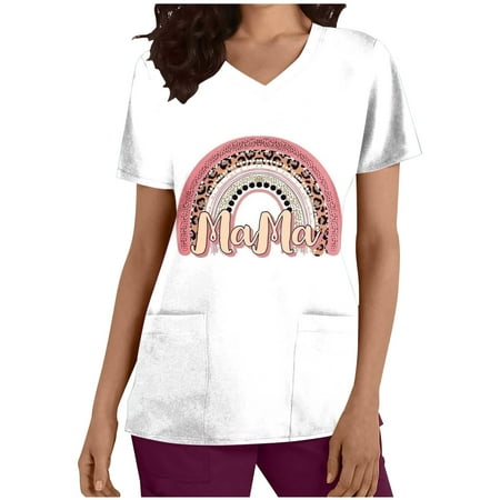 

RYRJJ On Clearance Women Mom I Love You Scrub Tops Funny Letter Printed Short Sleeve Nurse Working Uniform Shirts Summer V Neck Holiday Tunic Blouse(Pink L)