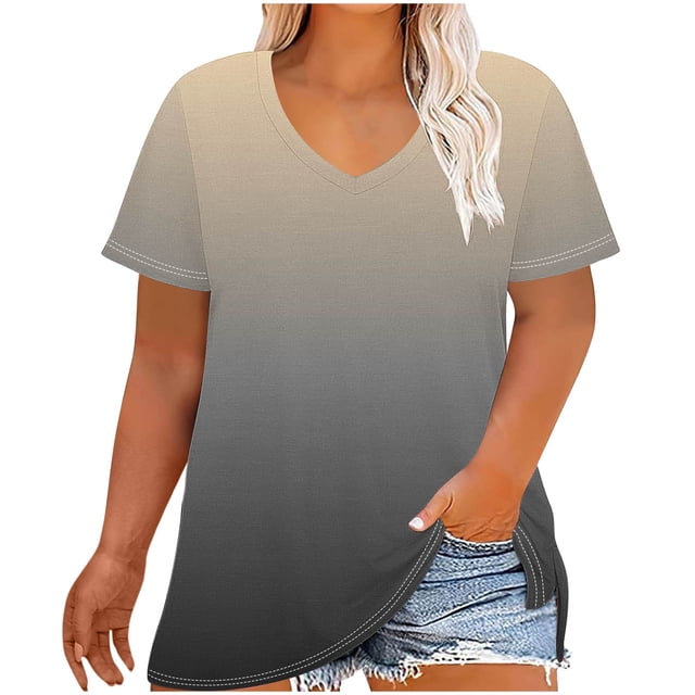 ameIAEA Plus Size Tops for Women Short Sleeve V Neck Loose Tees Gradient Color Side Slit Shirts