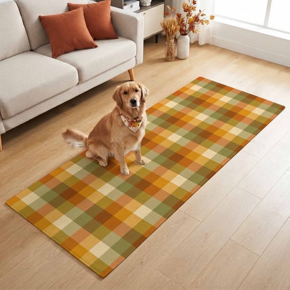 Rectangle Rug 2x6ft, Fall Farmhouse Gingham Grid Soft Non-Slip Washable Felt Carpet Pad, Vintage Boho Plaid Area Rugs for Living Room Bedroom Kids Room