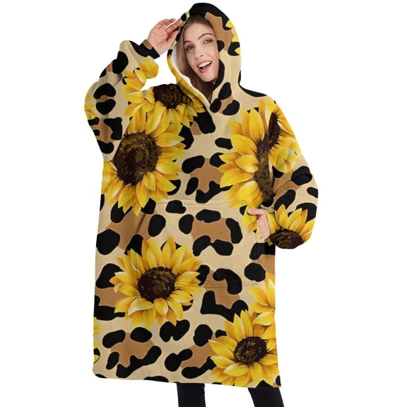 Oversized Wearable Blanket Hoodie,Beige Leopard Sunflower Pattern Sherpa Blanket Hoodie with Super Pockets,Super Warm Fuzzy Pullover for Women & Men