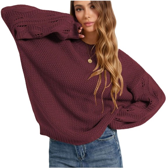 Edvintorg Womens Sweater Crew Neck Long Sleeve Casual Pullover Knit Sweaters Fall Winter Womens Fashion Wine M
