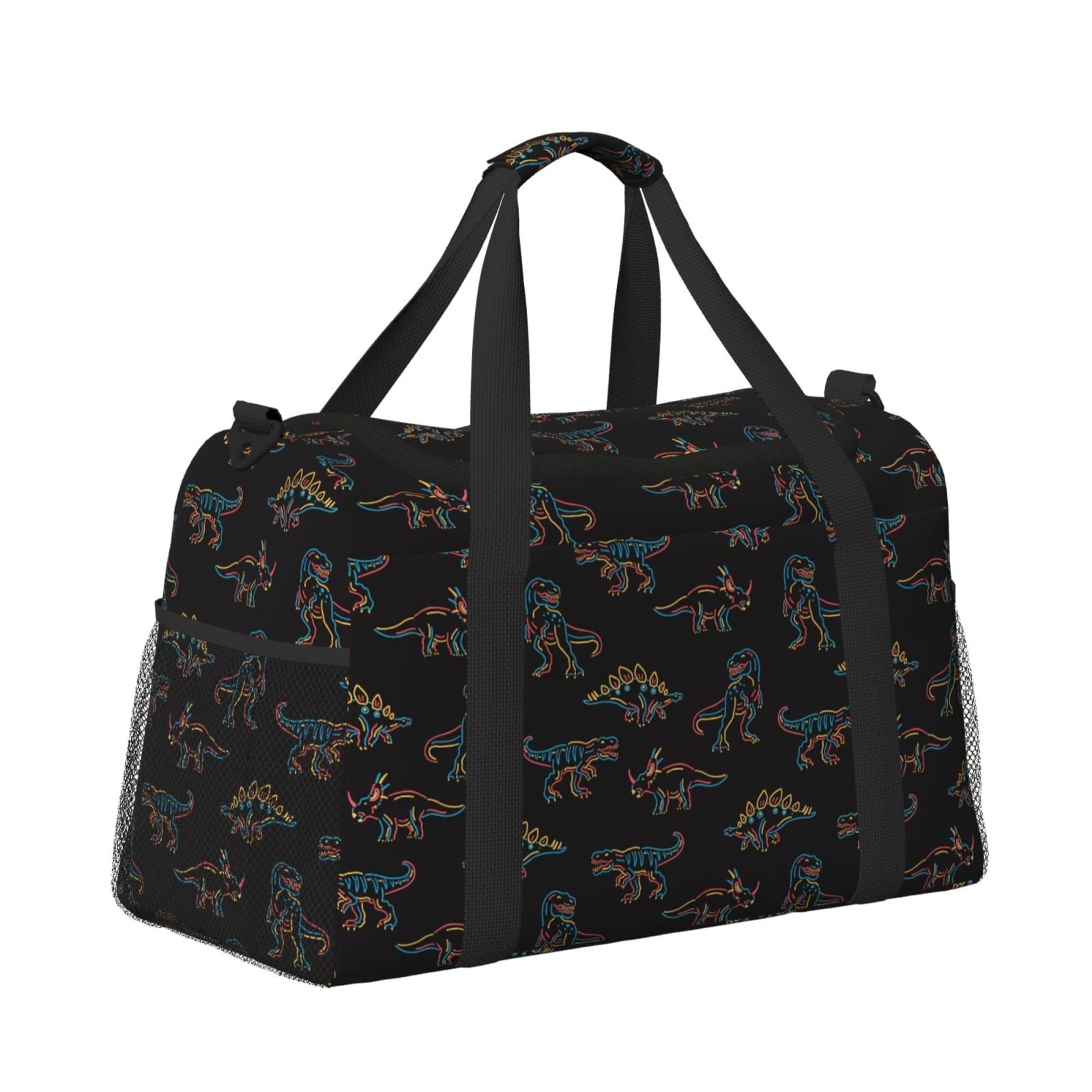 Kuqiui Neon Dinosaur Print Foldable Travel Duffel Bag Tote Carry on Luggage Bag Personal item Sports Gym Bag Water Resistant Weekender Overnight Bags for Women and Men