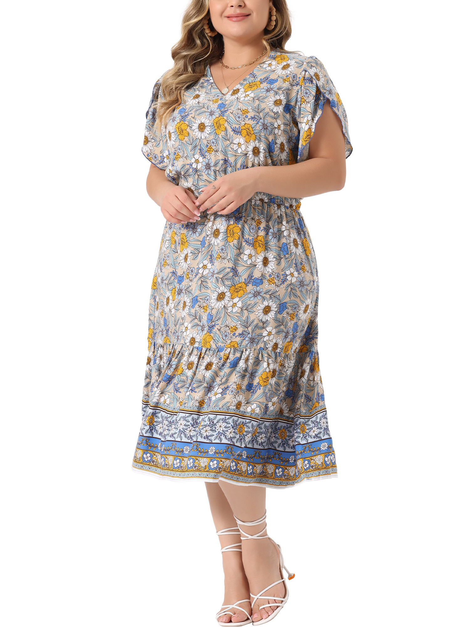 DARING DIVA Plus Size V Neck Short Sleeve Floral Midi Dress 3X Beige