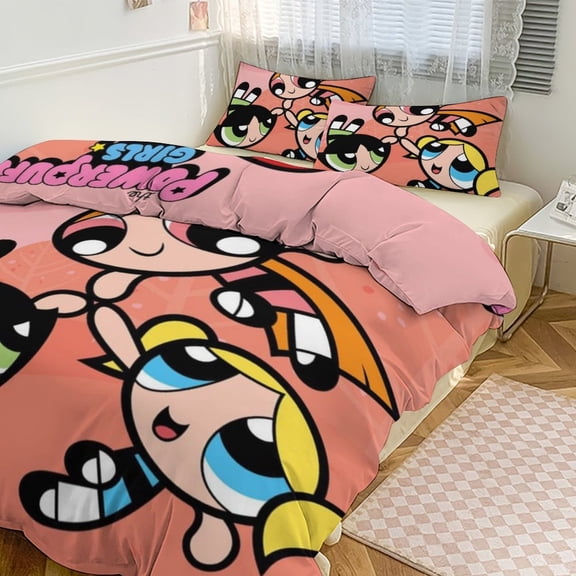 The Powerpuff Girls 3 Pieces Bedding Set 3D Printed Lightweight Bed Quilt Set Comforter Cover Set for Girls Kids Teens, 1 Quilt Cover 2 Pillowcases 86"x70"