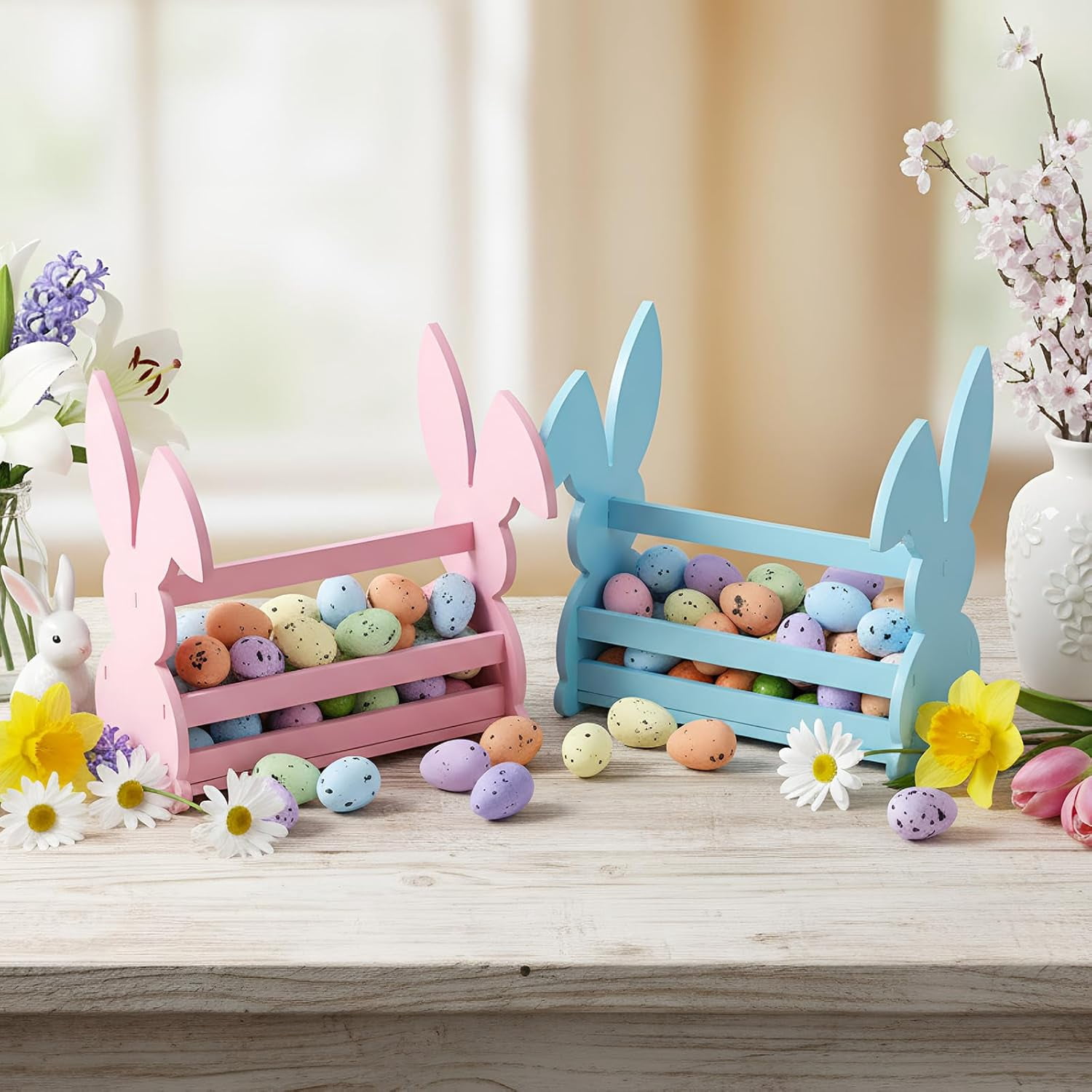 2 Pcs Wood Bunny Easter Baskets with Handle, Cute Easter Rabbit Candy Eggs Basket Empty Hunt Container Storage for Gifts, Pink and Blue