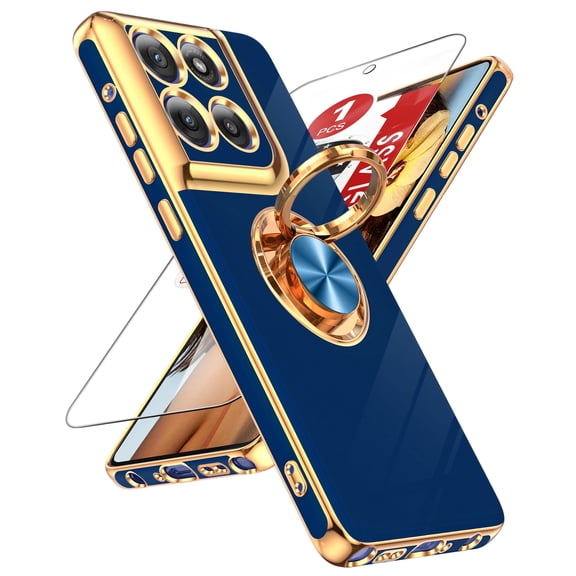 LeYi For Moto G Stylus 5G 2025 Case: 1PCS Tempered Glass Screen Protector And 360° Rotatable Magnetic Stand, Rose Gold Plated Edge，Blue