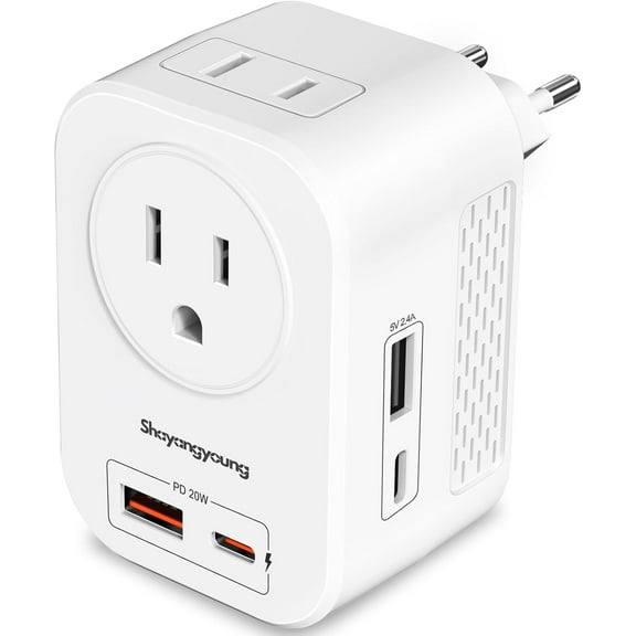 Voltage Converter US to Europe, 220V to 110V Converter for European Travel, Universal Travel Adapter with 20W PD, 2 Type-C Port 2 USB-A, Power Plug Combo for Germany France Italy - White