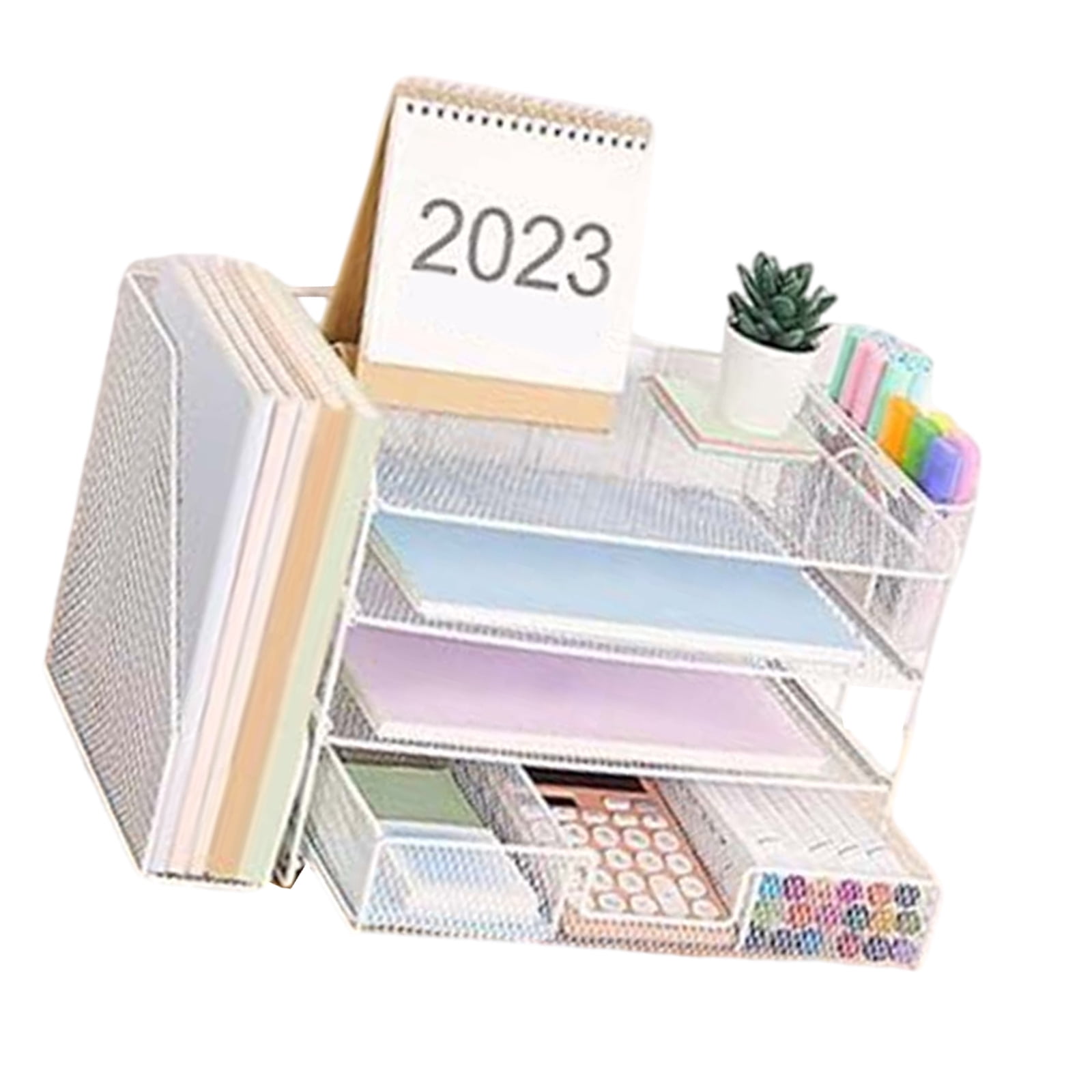 RUISINERY 4-Tiered Letter Tray Metal with Magazine Stand Drawer Pen Cups Desk Organizers and Accessories Multifunction for Office