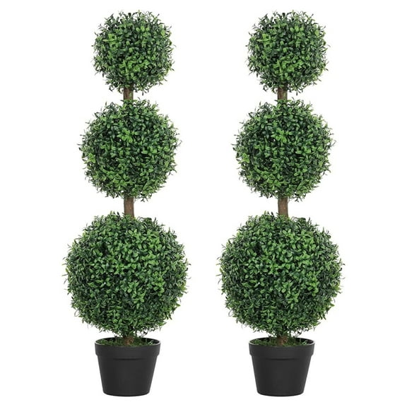 Topiary -Shaped Boxwood Trees in Pot Set of 2 Fake Plants for Home Indoor Outdoor Front Porch Decor, 40 Inch, Green