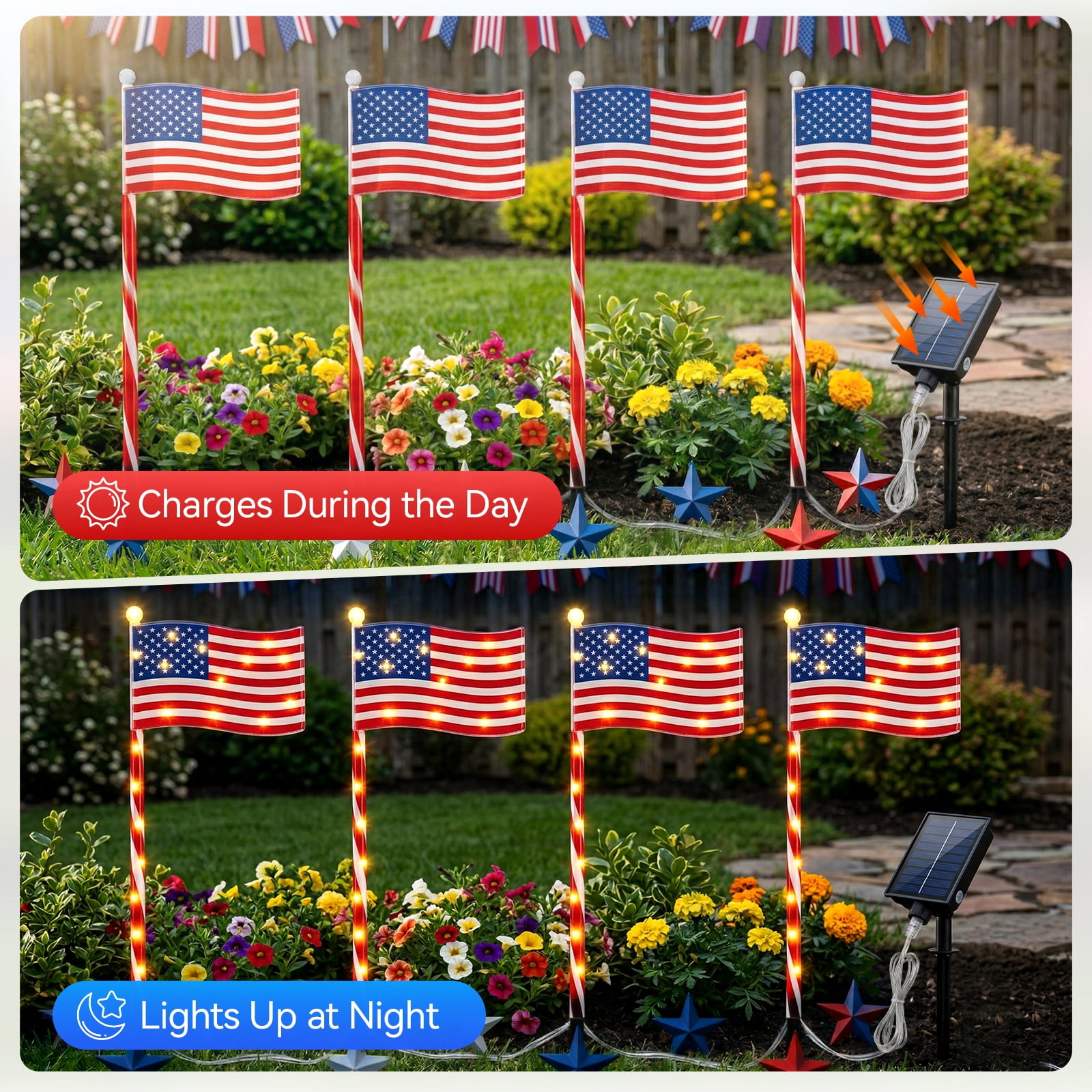 4 Pack Solar American Flag Lights Outdoor LED Patriotic Flag Stake Lights with Remote 2 Modes Dimmable Rechargeable 4th of July Decorations for Yard Garden Lawn America 250