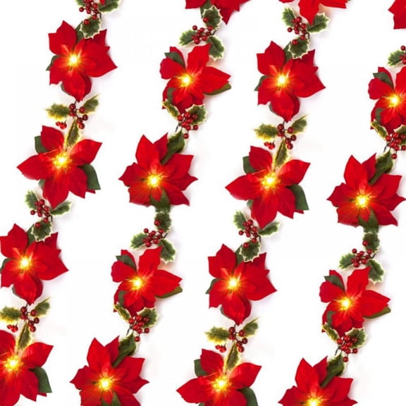 2PCS Poinsettia Christmas Flowers Decorations Garland String Lights - 6.5FT Xmas Tree Artificial Ornaments for Indoor/Outdoor Party Decor,with Red Berries Holly Leaves (Batteries Not Included)