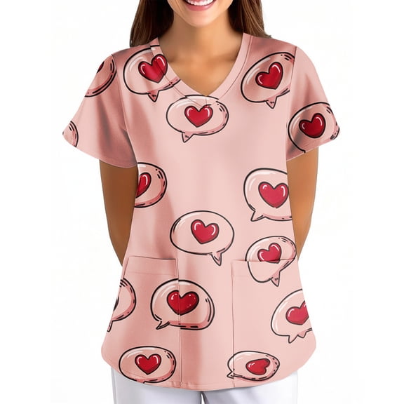 Scrub Top Women Black,Women's Valentine's Day Printed Loose-Fit V-Neck Pocket Short-Sleeve Nursing Scrubs Top - Red - L
