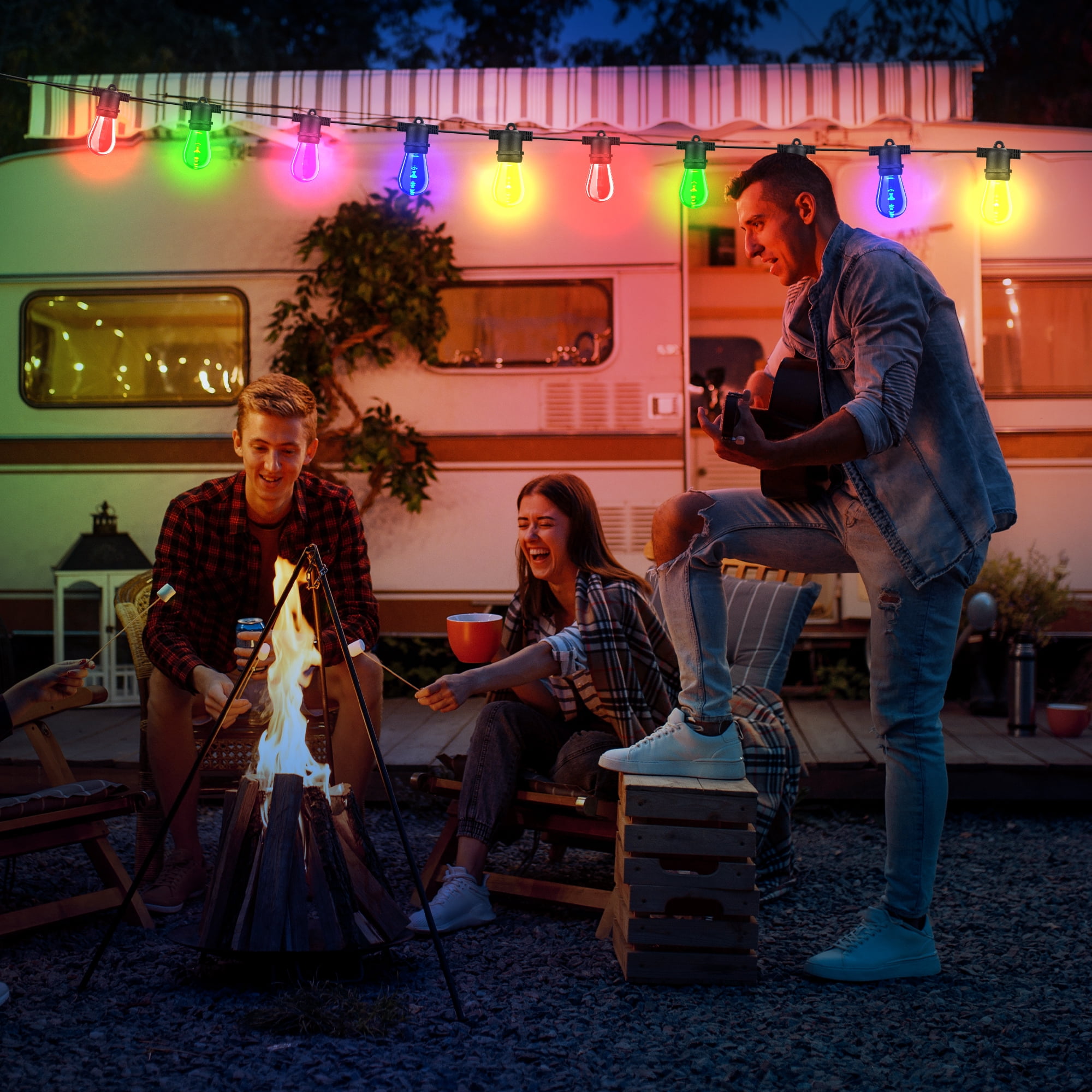 DAYBETTER Outdoor String Lights, 48FT Smart RGBIC Patio Lights, 15 Shatterproof Bulbs, Remote & App Control, for Garden Christmas Decor