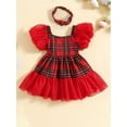 thumbnail image 2 of CIYCuIT Kids Baby Girl Christmas 2Pcs Outfits Short Sleeve Mesh Patchwork Plaid Print A-line Dress + Headband 6M 12M 18M 24M 3T 4T 5T Toddler Casual Princess Dress, 2 of 8
